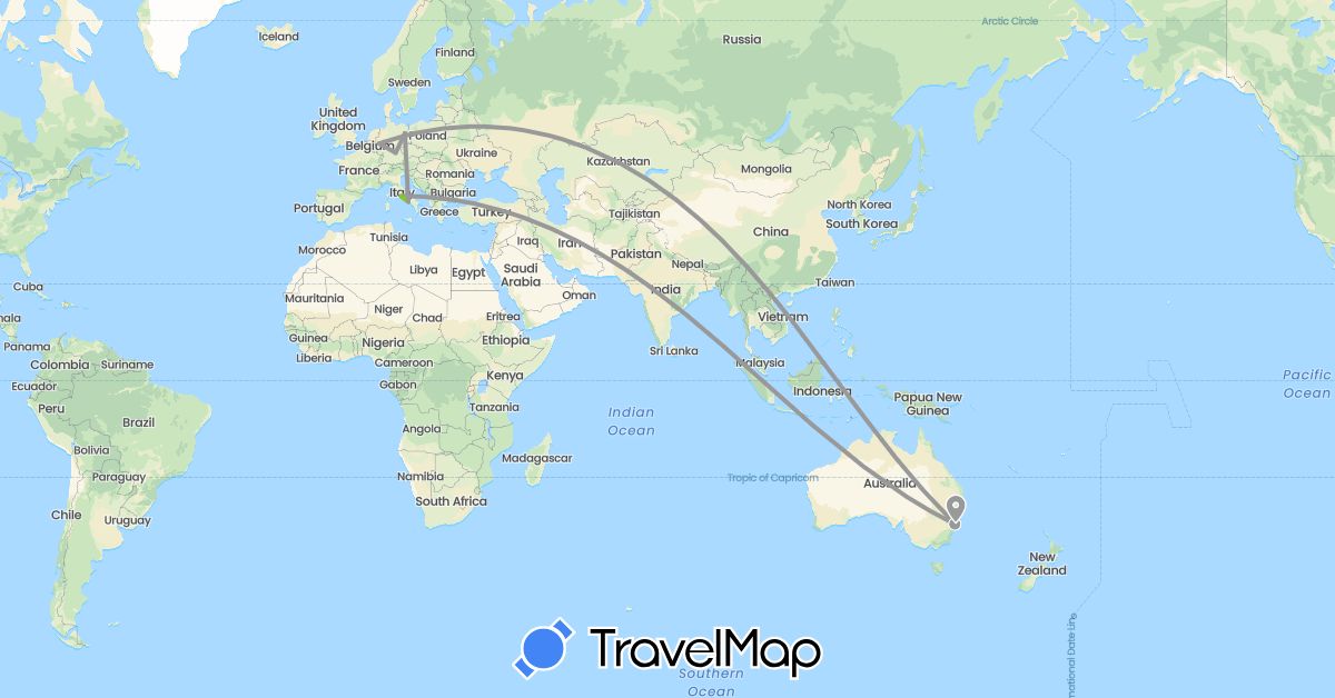 TravelMap itinerary: driving, plane, electric vehicle in Australia, Germany, Italy, Vatican City (Europe, Oceania)